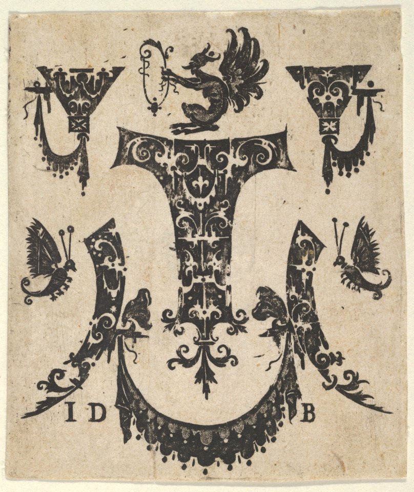Blackwork Print with Five Ornament Motifs, a Pair of Butterflies and a Grotesque MET DP837333