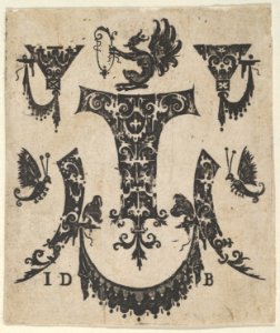 Blackwork Print with Five Ornament Motifs, a Pair of Butterflies and a Grotesque MET DP837333