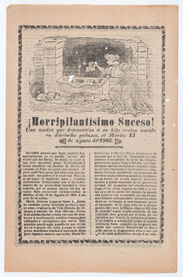 Broadsheet relating to a news story about a young mother who dismembered her newborn, a woman discovering the scene of the crime MET DP868510