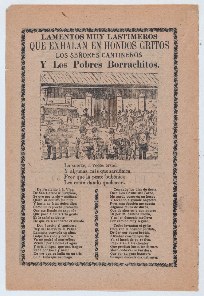 Broadsheet relating to men who frequent bars, different groups of men walking in the streets and one man running after a trolley car MET DP868516