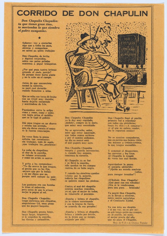 Broadsheet relating to the ballad of Mr. Grasshopper (a corrupt middleman) concerning peasant suffering under landowners, he is seated in a chair smoking a cigar MET DP874535