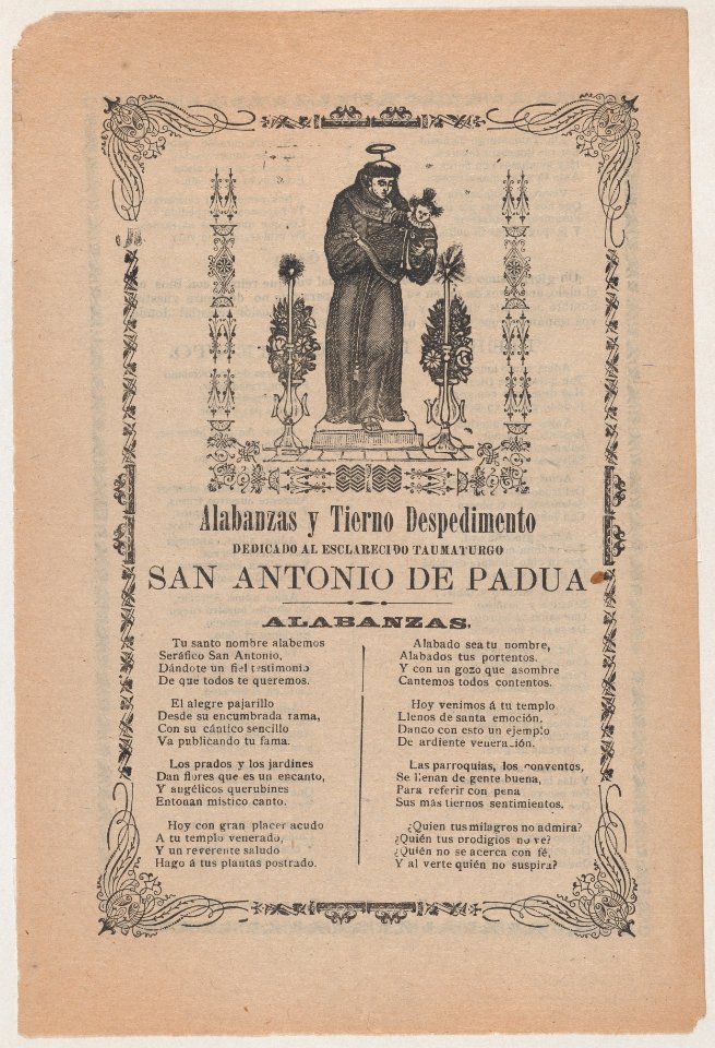Broadsheet relating to Saint Anthony of Padua who is shown holding the Christ child flanked by a candelabra with flowers MET DP868417