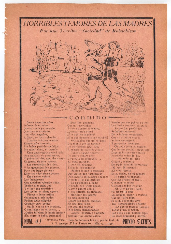 Broadsheet relating to a fear of kidnappers, a kidnapper grabbing a child in a field while a horse carriage waits in the background MET DP868557