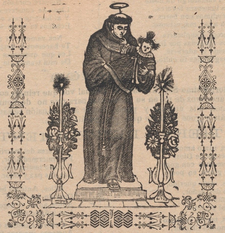 Broadsheet relating to Saint Anthony of Padua who is shown holding the Christ child flanked by a candelabra with flowers MET DP868417 (cropped)