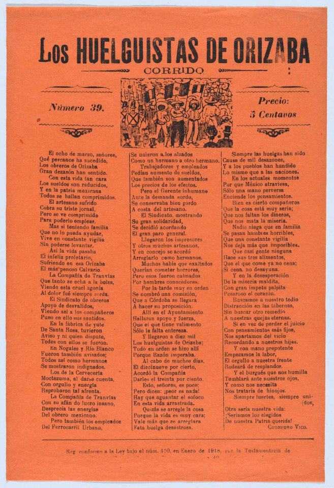 Broadsheet relating to a worker's strike in Orizaba, workers holding up the Mexican flag, flanked by soldiers MET DP874522