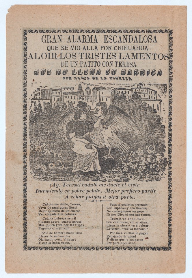 Broadsheet with a ballad addressing poverty, woman sitting in a field of flowers with a duck that has a human's head MET DP868503