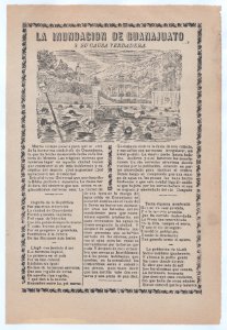Broadsheet relating to a news story about the cause of a flood in Guanajuato, townspeople drowning MET DP868509