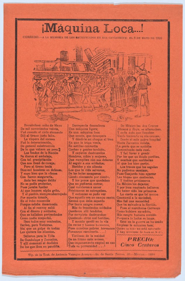 Broadsheet relating to a train accident that killed many people, wounded victims being carried on stretchers MET DP874518