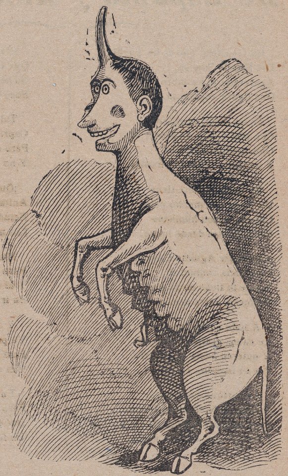 Broadsheet relating to freaks of nature, at right a creature that is half human and half pig with a single horn MET DP868524 (cropped)