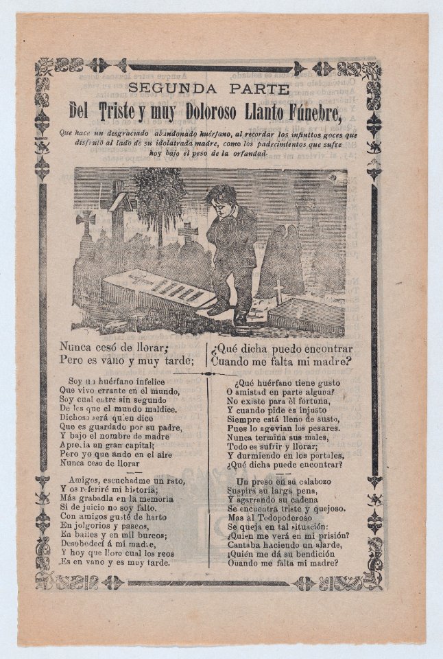 Broadsheet relating to the plight of an orphan, young boy mourning in a cemetery MET DP868499