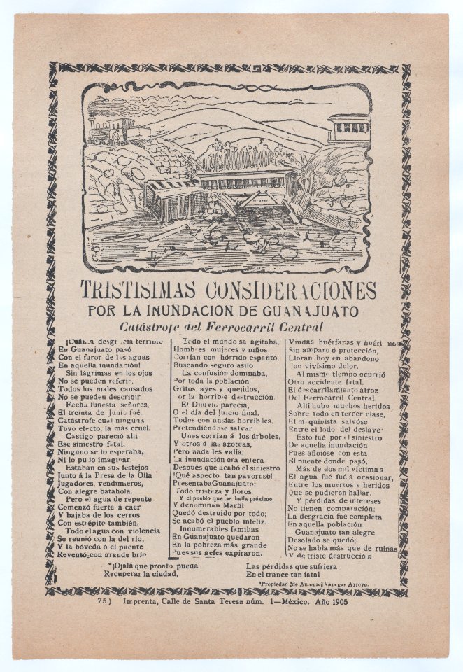 Broadsheet relating to a news story about the destruction following a flood in Guanajuato, a collapsed bridge and train car with victims MET DP868508