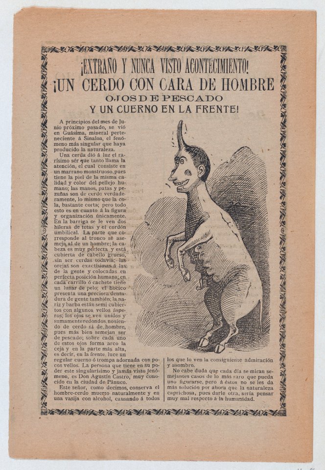 Broadsheet relating to freaks of nature, at right a creature that is half human and half pig with a single horn MET DP868524