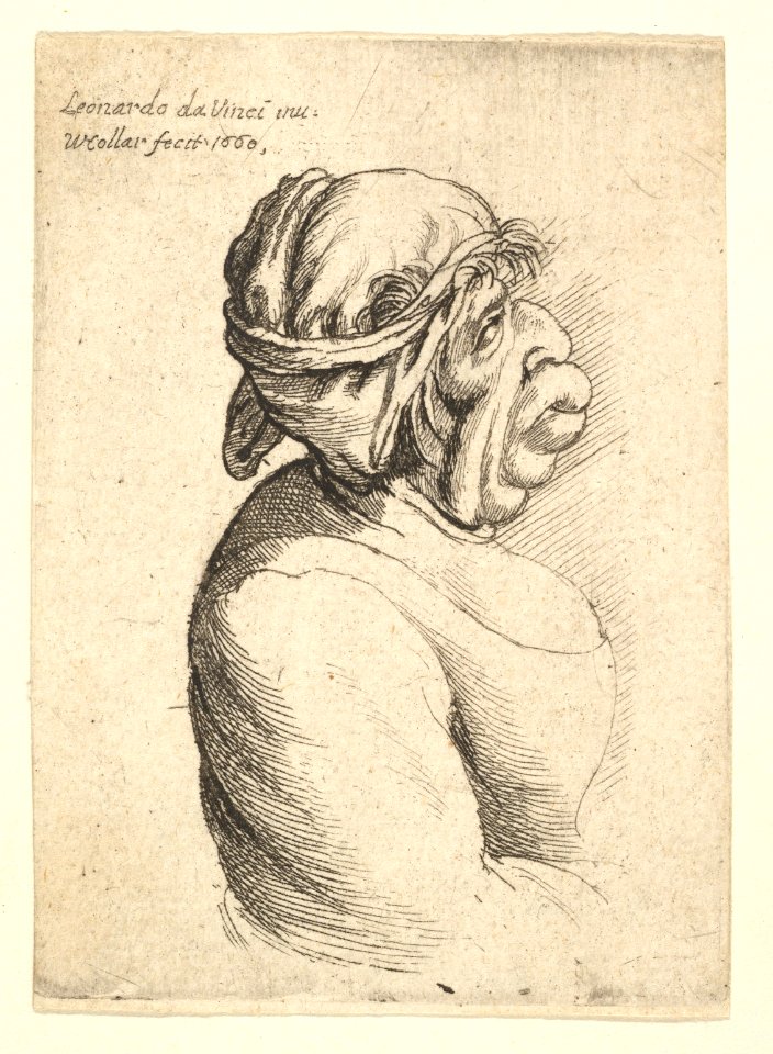 Bust of woman with protruding mouth wearing low-cut dress and cloth bound around her head, in profile to right MET DP823687