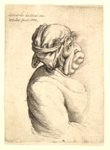 Bust of woman with protruding mouth wearing low-cut dress and cloth bound around her head, in profile to right MET DP823687