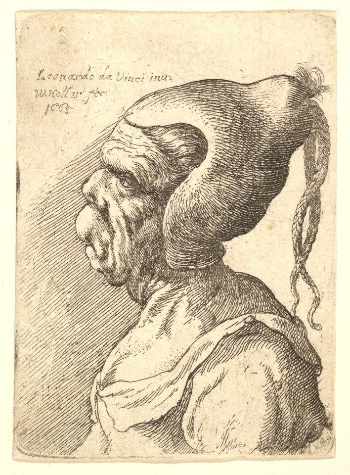 Bust of a deformed woman with conical hat and two dangling plaits in profile to left MET DP823690