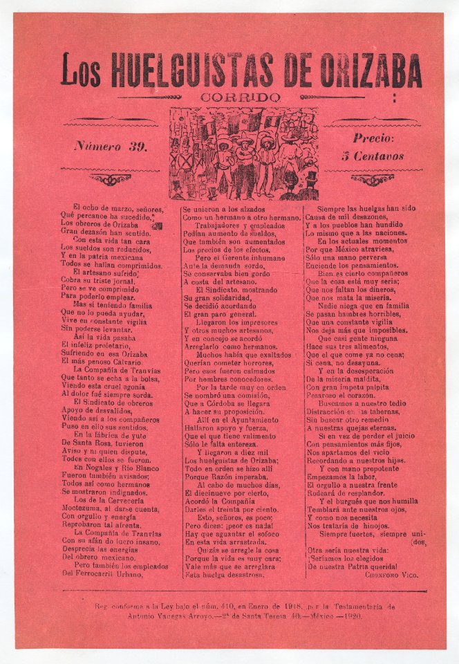 Broadsheet relating to a worker's strike in Orizaba, workers holding up the Mexican flag and flanked by soldiers with guns MET DP868415