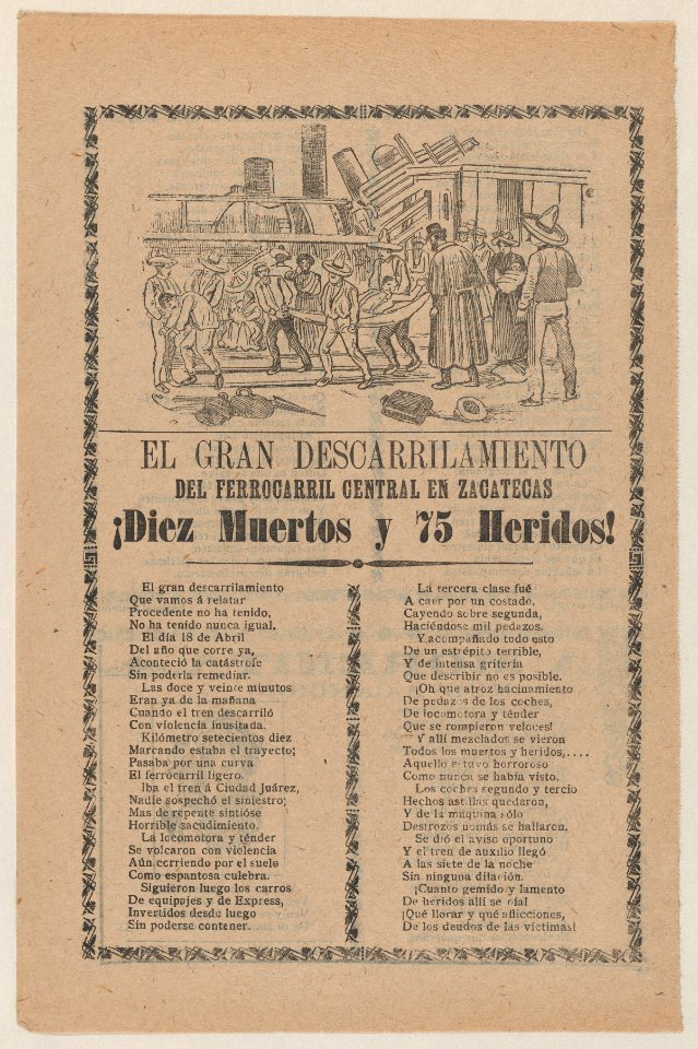 Broadsheet relating to a train that derailed in Zacatecas on 18 April 1904, a description in the bottom section MET DP869135