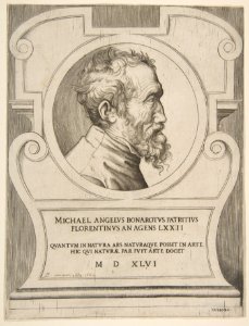 Bust portrait of Michelangelo facing right, set within a cartouche. MET DP812756
