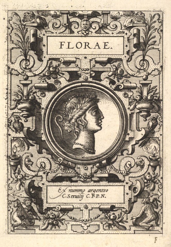 Bust of Florae surrounded by strapwork, from the series 'Deorum dearumque,' a set of images of deities after coins in the collection of Abraham Ortelius MET DP828767