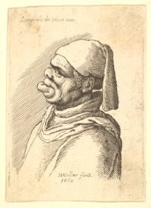 Bust of a deformed man with a hat and a fat, protruding lower lip in profile to left MET DP823712