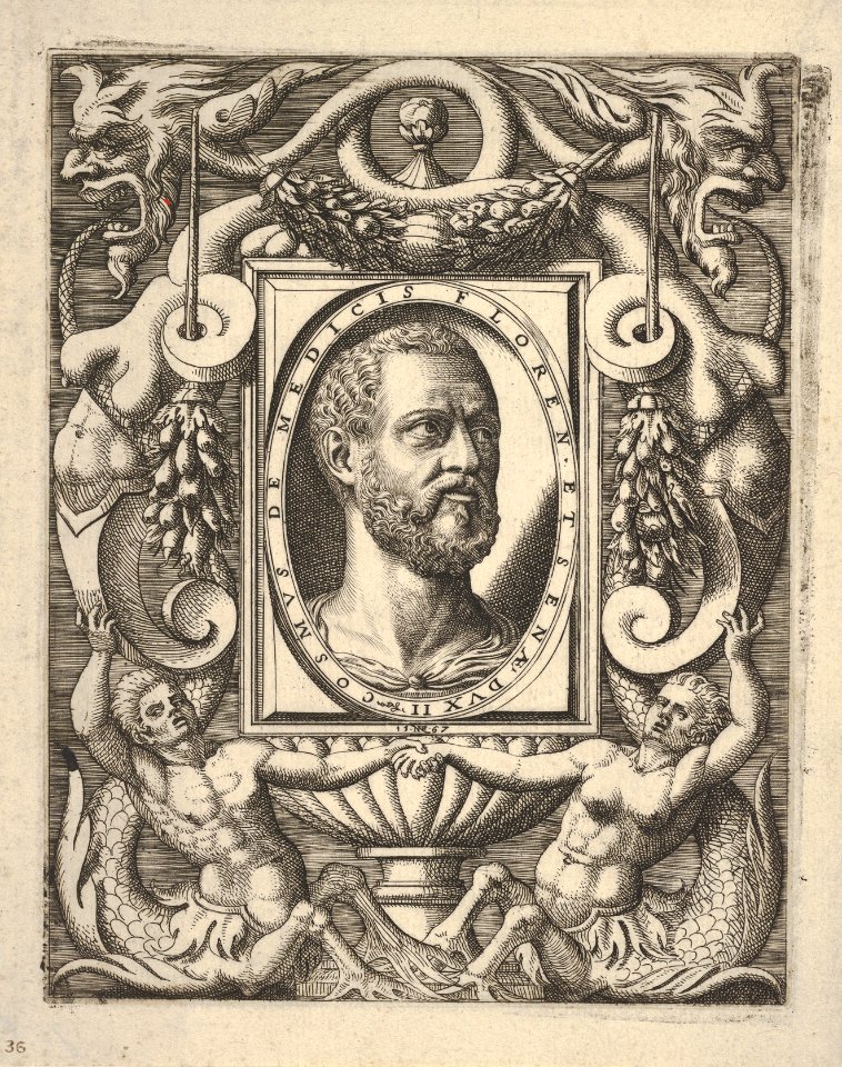 Bust portrait of Cosimo I de' Medici, in an oval frame set within a rectangular plaque, surrounded by fantastical ornament MET DP832619