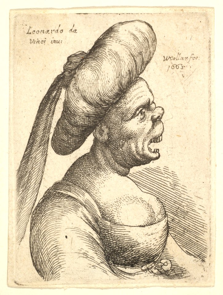 Bust of woman with wide open mouth and up-turned nose, wearing large flat turban with cloth hanging down behind in profile to right MET DP823688