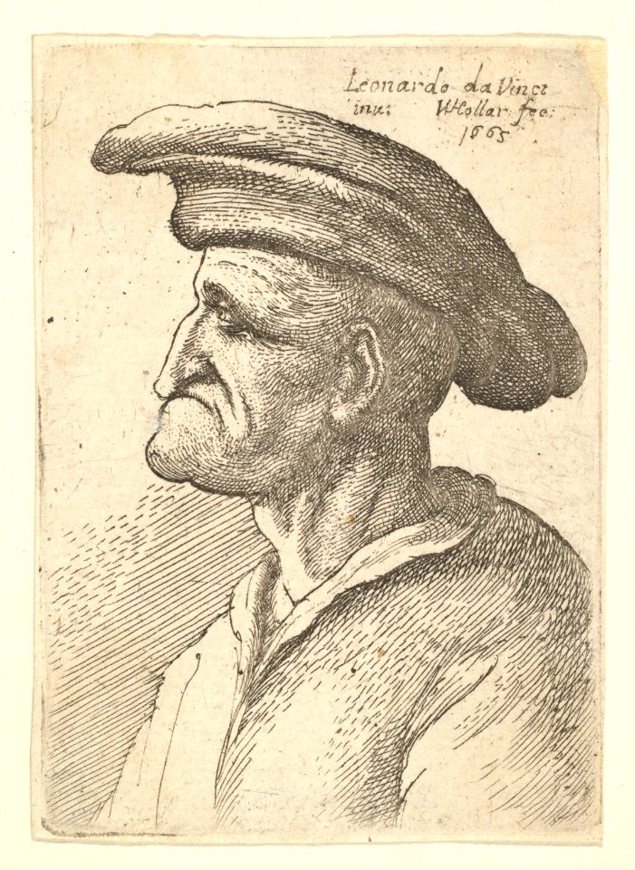 Bust of elderly man with nose that meets his lower lip, wearing wide flat cap in profile to left MET DP823685