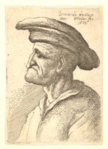Bust of elderly man with nose that meets his lower lip, wearing wide flat cap in profile to left MET DP823685