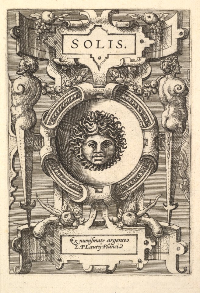 Bust of Sol surrounded by strapwork, from the series 'Deorum dearumque,' a set of images of deities after coins in the collection of Abraham Ortelius MET DP828765