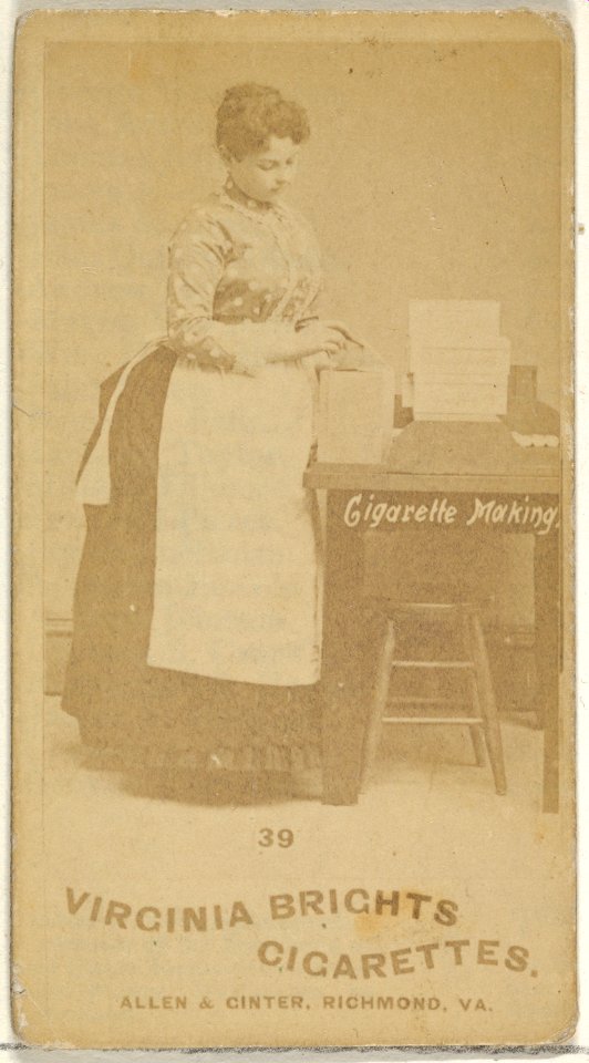 Card 39, from the series, Cigarette Making Girls (N46) for Virginia Brights Cigarettes MET DP831731