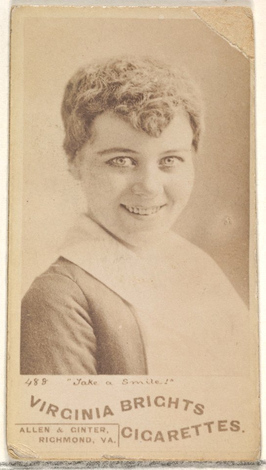 Card 488, "Take a Smile!", from the Actors and Actresses series (N45, Type 5) for Virginia Brights Cigarettes MET DP830605