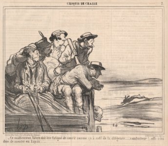 Ce malheureux lièvre doit être fatigué de courir comme ça à coté de la diligence....., from Croquis de Chasse, published in Le Charivari, September 29, 1859 MET DP876774