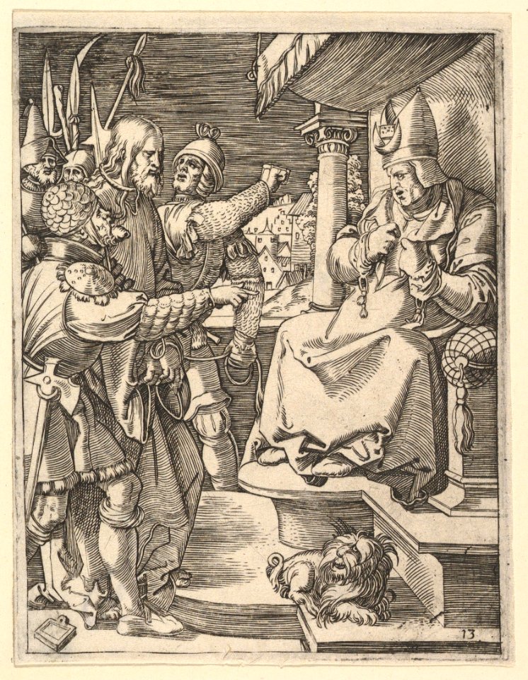 Christ before Caiaphas- soldiers present Christ to seated hight priest who tears his garments, after Dürer MET DP820318