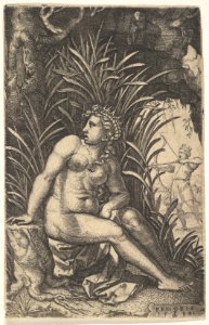Cephalus and Procris- Procris turns her head over her right shoulder while seated nude in a thicket, Cephalus draws an arrow with a bow beyond, from a series of four mythological scenes MET DP828515