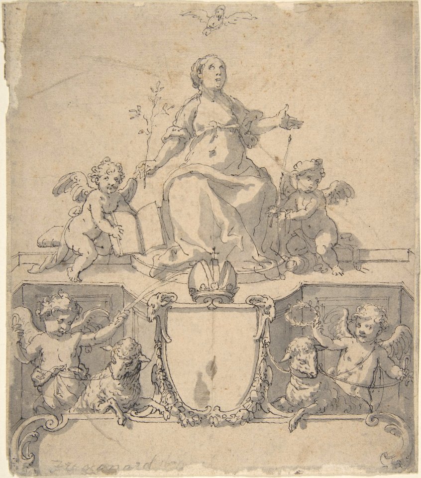 Cartouche with a Crown, the Virgin (?) and the Holy Ghost, and Four Putti MET DP810453