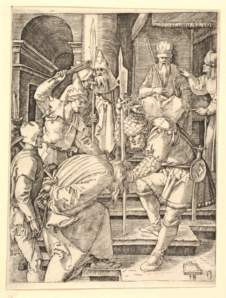 Christ captured and being dragged by hair up steps before the throne of the high priest Annas, after Dürer MET DP820323