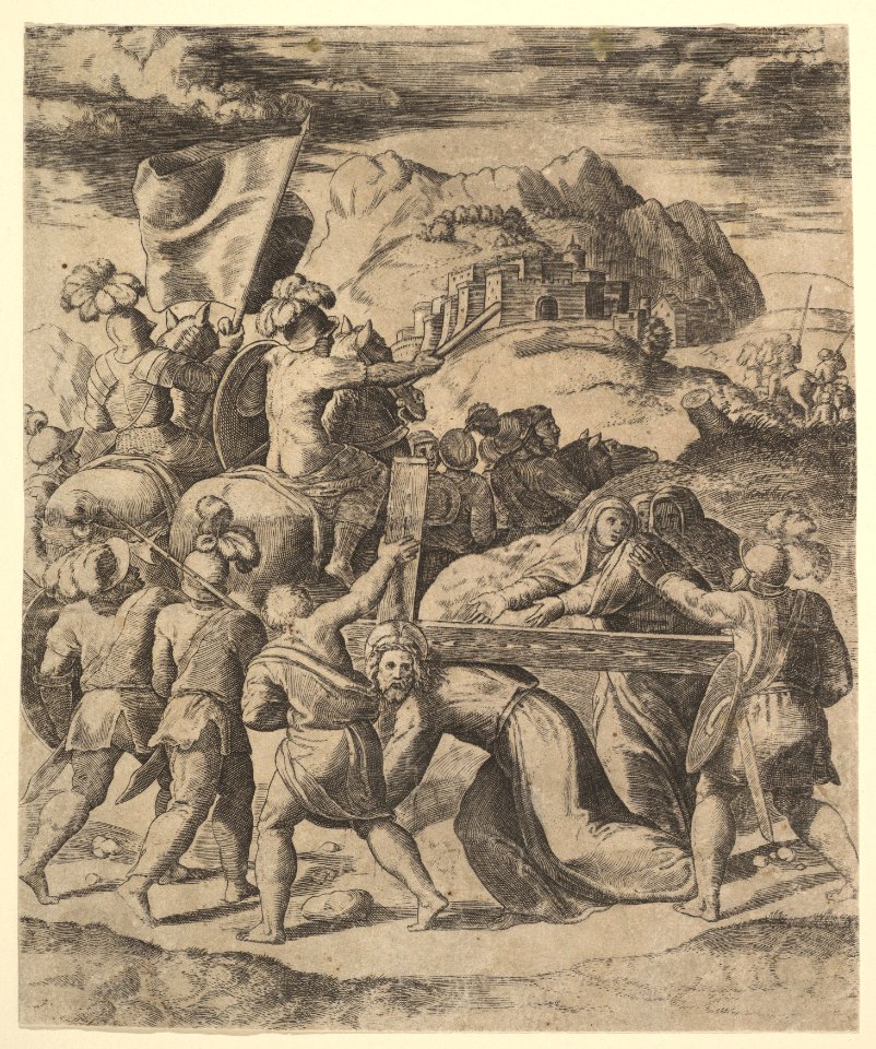 Christ carrying the cross surrounded by soliders, several on horseback MET DP824413