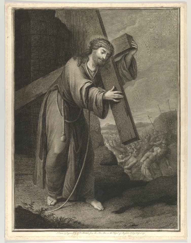 Christ carrying the cross, at right the two thieves on the road to Calvary, two crosses in the background, after Reni (?) MET DP841174