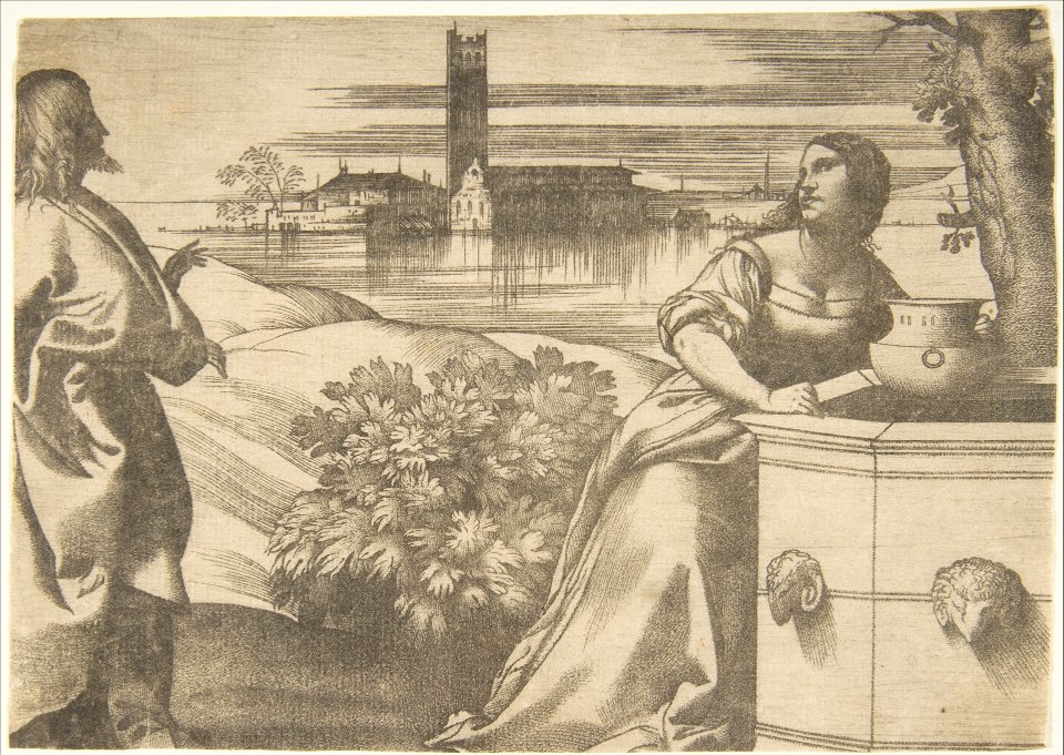 Christ standing at left addressing the Woman of Samaria at right who is standing by a well, lagoon in the background MET DP813976