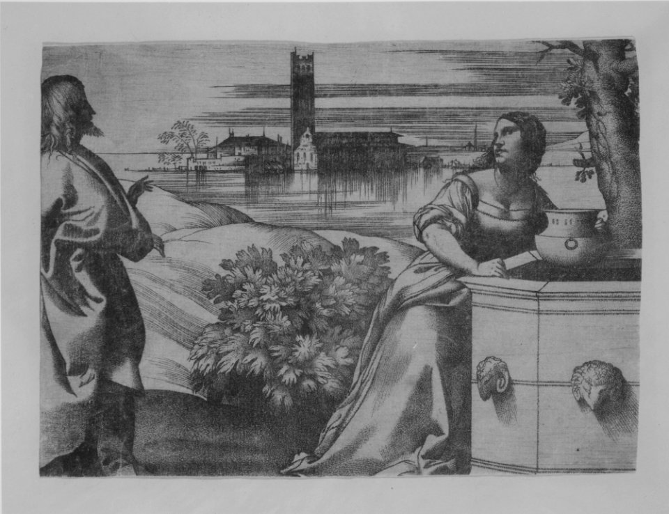 Christ standing at left addressing the Woman of Samaria at right who is standing by a well, lagoon in the background MET MM5151
