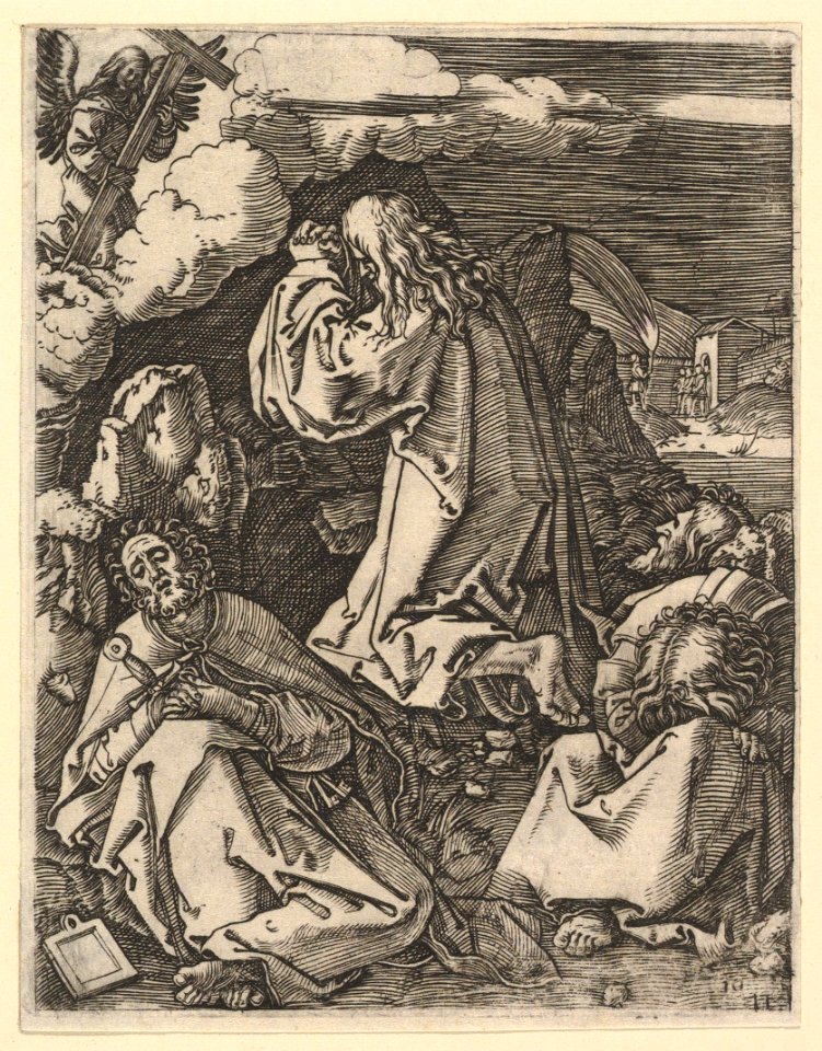 Christ praying on Mount of Olives; Roman soldiers entering through garden gate in far background, after Dürer MET DP820315
