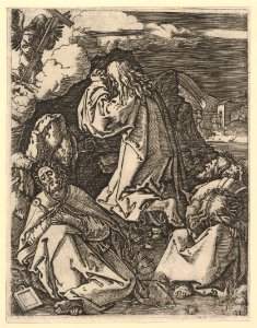 Christ praying on Mount of Olives; Roman soldiers entering through garden gate in far background, after Dürer MET DP820315