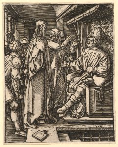 Christ standing, hands tied behind back, before Herod seated on throne, after Dürer MET DP820317