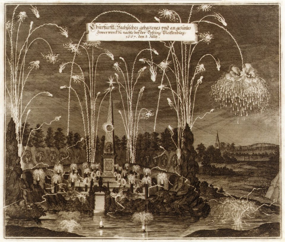 Celebration for the Elector Johann Georg II, Leipzig, July 8, 1667- Fireworks Display by Night MET DR296