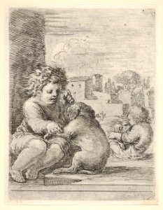 Child teaching a dog to sit, the child seated to left against a wall, teaching the dog to sit on its hind legs, another child embracing a dog to right in the background MET DP833215. Free illustration for personal and commercial use.