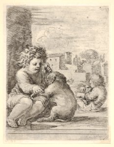 Child teaching a dog to sit, the child seated to left against a wall, teaching the dog to sit on its hind legs, another child embracing a dog to right in the background MET DP833215