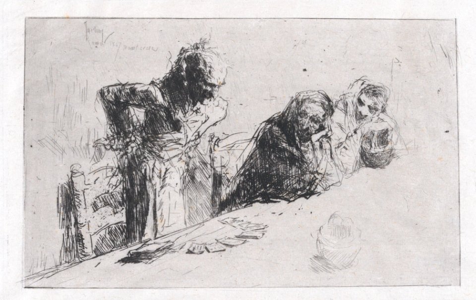 Cardplayers- three men, two seated one standing before a spread of cards on a table MET DP876113