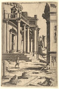 Classizing Landscape with Three Figures, from a series of architectural ruins with figures, in reverse after prints by Jacques Androuet Ducerceau after Léonard Thiry MET DP828582