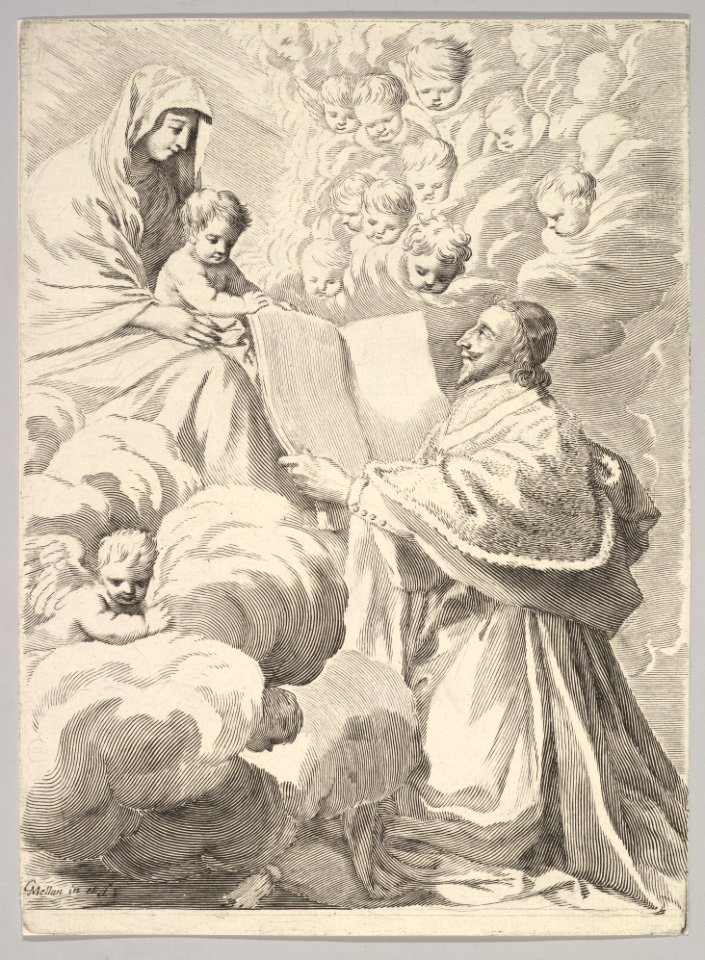 Cardinal Richelieu, Kneeling, Presents His Book to the Virgin and Child MET DP822441