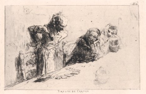 Cardplayers- three men, two seated one standing before a spread of cards on a table MET DP876116
